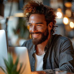 Canvas Print -  A digital marketing consultant looking at a computer screen. In Office. Smiling. 