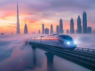 Wall Mural - A high-speed train in Dubai, passing over a bridge above clouds with skyscrapers visible behind it at sunrise