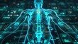 © kitidach - Futuristic digital human body anatomy illustration with glowing blue neural networks and circuit board design.