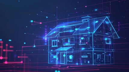 Futuristic digital house blueprint with neon lines and data points, representing smart home technology and digital architecture innovation.