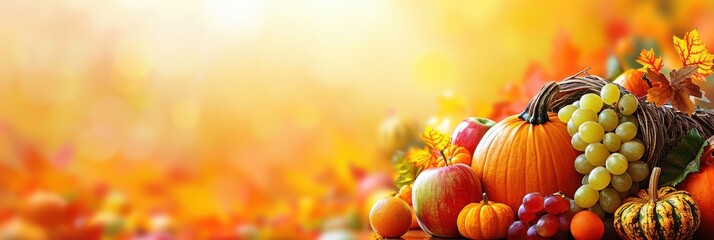 Wall Mural - A festive Thanksgiving banner featuring a cornucopia overflowing with fresh autumn produce, including pumpkins, apples, grapes, and gourds