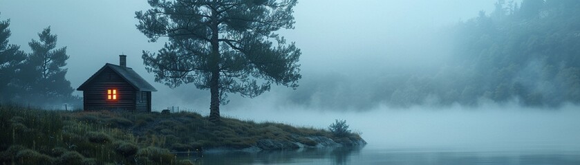  Isolated house with warm lights on a misty hilltop next to a tall tree, foggy environment, subtle tones, tranquil and mysterious, realistic, detailed 8K , high-resolution, ultra HD,up32K HD