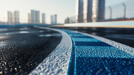 Wall Mural - modern and minimalistic racing track with the city background, black asphalt on left side, blue accents, sky is light grey, low angle shot, photo realistic, 