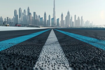 Wall Mural - modern and minimalistic racing track with the city of dubai in background, black asphalt on left side, blue accents, sky is light grey, low angle shot, photo realistic, 