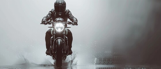 Stylish motorcyclist riding through a minimalist black and gray terrain, white background, dramatic and modern, detailed, adventure and freedom theme 8K , high-resolution, ultra HD,up32K HD