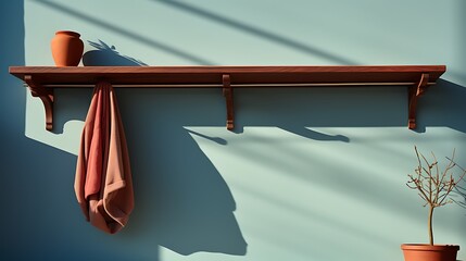Wall Mural - Delicate shadow of a hanging rack on a beige wall with a solid sky blue background
