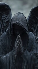 Close-up of a black cloaked Angel with large black wings praying