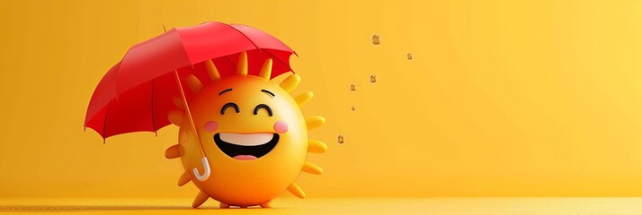 Poster - A 3D rendering of a happy sun emoji holding a red umbrella against a yellow background. The sun is smiling and has a cheerful expression. Generative AI