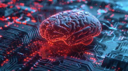 Poster - Artificial intelligence theme, digital brain on circuit board, neon glowing background