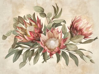 Wall Mural - Watercolor floral illustration with protea rose, leaves, branches and flowers. Bohemian greeting card