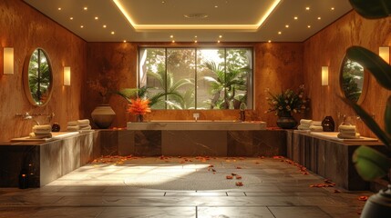 Canvas Print - A Tranquil Oasis of Warmth and Natural Light in a Luxurious Spa Bathroom. Generative AI