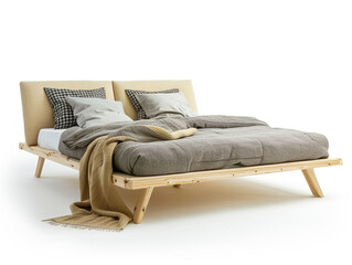 Scandinavian design double bed isolated on a white background. Simple and minimalist design. 