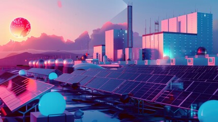 Futuristic solar energy station with advanced technology and beautiful sunset on a distant planet. Sci-fi and renewable energy concept.
