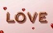 © Amjad - A stylized, minimalist image of the word 'LOVE' in golden metallic letters, set against a soft pink background with red heart shapes,