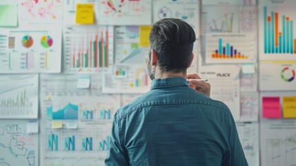 Aufkleber - A strategist planning marketing campaigns, with a whiteboard filled with demographic bar graphs and customer segmentation data.