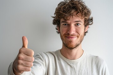 Poster - Portrait of a content man in his 30s showing a thumb up isolated in white background