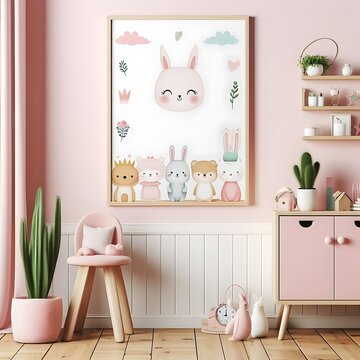 A pink room with a pink cabinet and a picture of animals informative unique engaging creative.