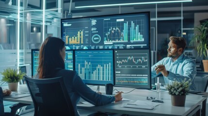 Poster - A team of accountants reviewing balance sheets and income statements with graphs and charts on a large monitor.