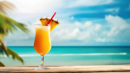 Wall Mural - orange cocktail glass with fruit slice and straw on tropical beach background. summer vacation. copy space