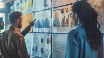 Poster - A technology startup team brainstorming product development ideas, with a whiteboard covered in growth projection graphs and market analysis.