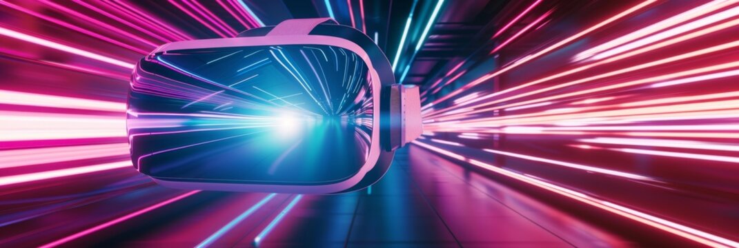 Virtual Reality, an abstract background with neon light trails and geometric shapes, representing immersive virtual environments