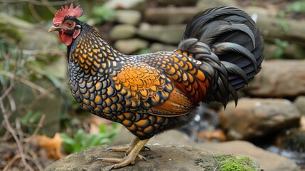 Canvas Print - Speckled Rooster Standing on Rock