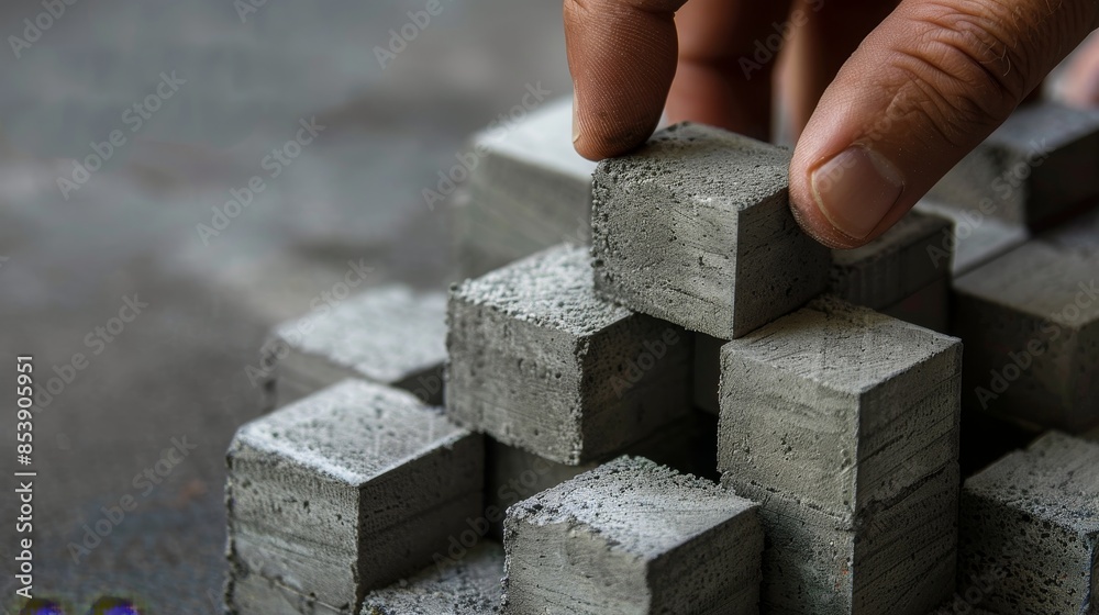 A hand arranging small building blocks into a structure, representing ...