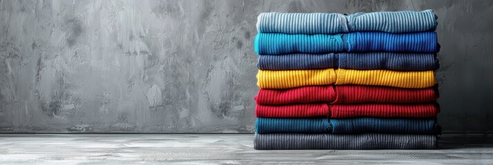 A stack of colorful knit sweaters in various shades of blue, yellow, red, and gray are neatly stacked against a gray textured wall