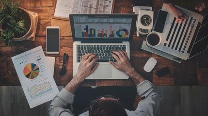 Poster - An overhead view of a financial analyst analyzing pie charts and graphs on a laptop screen, focusing on investment strategies.