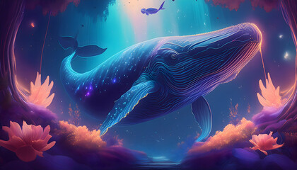 Colorful Humpback whale with continuous one line style, on digital art concept, Generative AI.