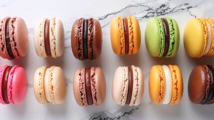 Poster - Assortment of colorful French macarons arranged in rows on a marble countertop, perfect for a dessert buffet.