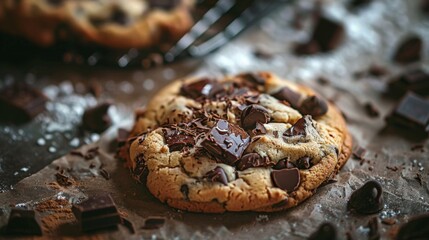 Poster - Close-up of a freshly baked chocolate chip cookie with melting chocolate chunks, placed on a rustic kitchen table.