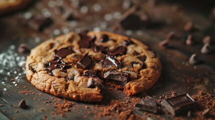 Poster - Close-up of a freshly baked chocolate chip cookie with melting chocolate chunks, placed on a rustic kitchen table.