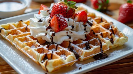 Poster - Freshly baked Belgian waffles topped with whipped cream, strawberries, and drizzled with chocolate sauce.
