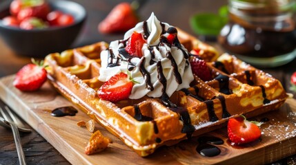 Poster - Freshly baked Belgian waffles topped with whipped cream, strawberries, and drizzled with chocolate sauce.