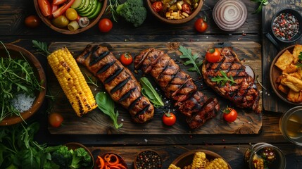Wall Mural - delicious meat, fresh vegetables, spicy herbs and spices on the background of a wooden table, homemade healthy food, cooking hobby, food delivery concept, cooking school, copy space, place for text