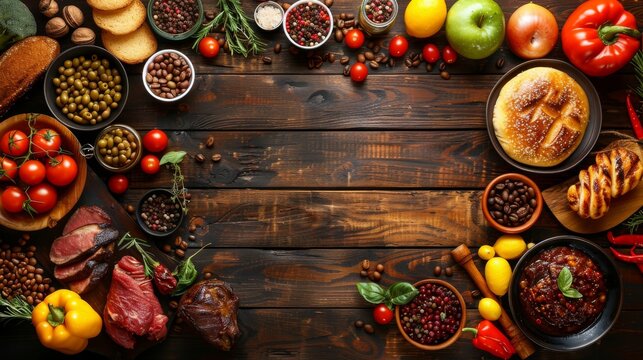 delicious meat, fresh vegetables, spicy herbs and spices on the background of a wooden table, homemade healthy food, cooking hobby, food delivery concept, cooking school, copy space, place for text