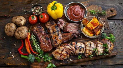 Wall Mural - delicious meat, fresh vegetables, spicy herbs and spices on the background of a wooden table, homemade healthy food, cooking hobby, food delivery concept, cooking school, copy space, place for text