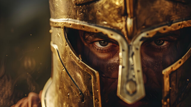 Close-up of a Spartan warrior's helmet with a defiant expression in the reflection.


