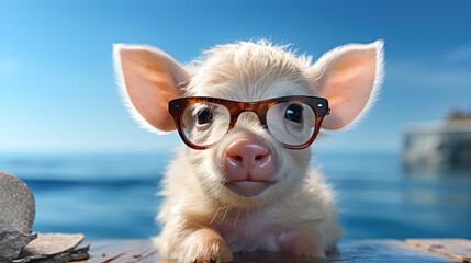 Wall Mural - Funny animals backdrop - Closeup portrait of cute smiling little pig with glasses, isolated on bright blue background, Generative AI