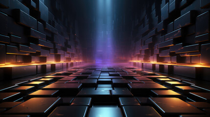 Wall Mural - Abstract dark technology geometric black anthracite 3d room texture wall with squares and rectangles background banner illustration with glowing lights, textured wallpaper., Generative AI