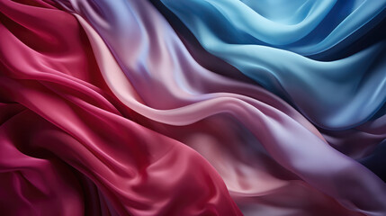 Wall Mural - Blue purple dark shiny satin silk swirl wave background banner panorama long - Abstract textile fabric material, backdrop texture for product display or text, Generative AI
