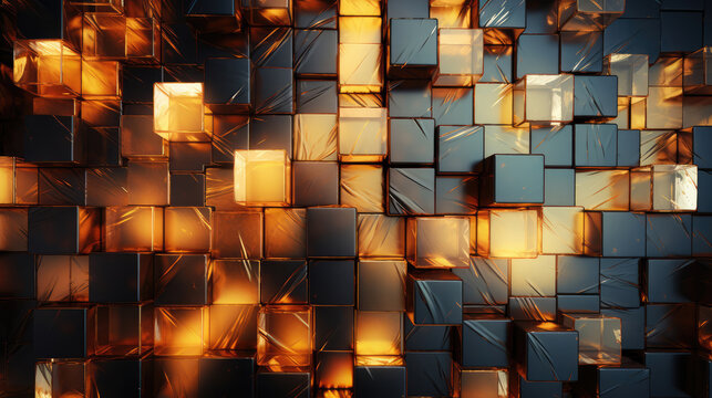 Abstract geometric metallic gold 3d texture wall with squares and square cubes background banner illustration with glowing lights, textured metal wallpaper., Generative AI