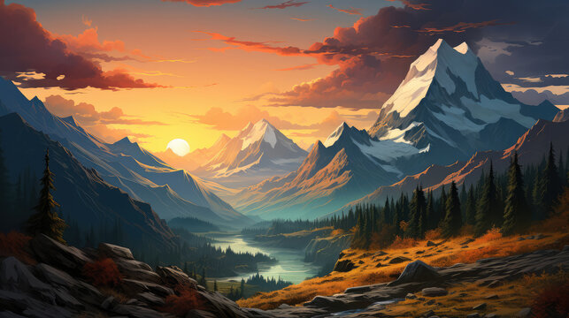 Landscape mountains mountainscape nature adventure travel background panorama - Illustration of silhouette of valley view of mountains peak, Generative AI