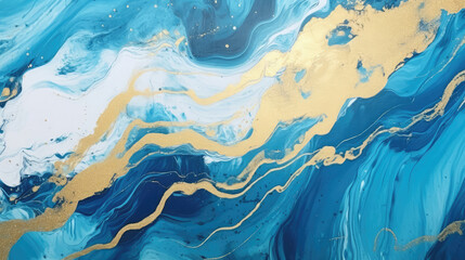 Wall Mural - Abstract marbling marble oil acrylic paint background illustration art wallpaper - Blue gold color with waving waves swirls liquid fluid marbled texture banner painting texture, Generative AI