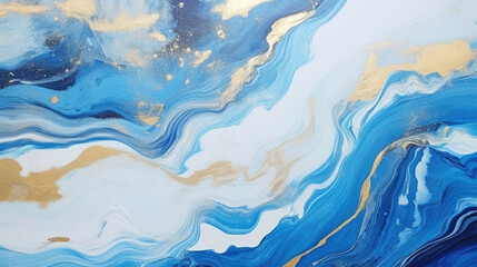 Wall Mural - Abstract marbling marble oil acrylic paint background illustration art wallpaper - Blue gold color with waving waves swirls liquid fluid marbled texture banner painting texture, Generative AI