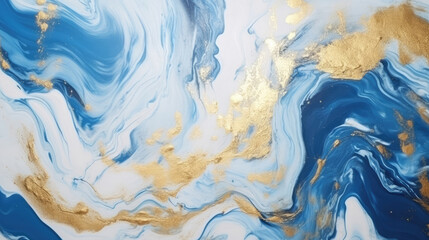 Wall Mural - Abstract marbling marble oil acrylic paint background illustration art wallpaper - Blue gold color with waving waves swirls liquid fluid marbled texture banner painting texture, Generative AI