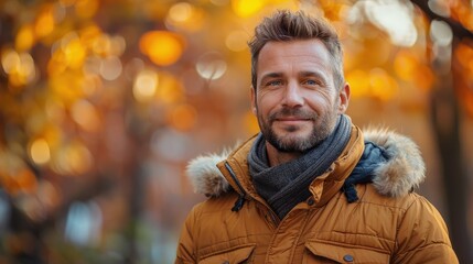 handsome man with salt-and-pepper hair and casual attire smiles in a park with autumn foliage in the