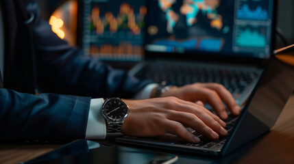 Wall Mural - Businessman working on laptop with financial charts and graphs on screens