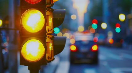 Aufkleber - Traffic light sequence showing yellow caution light with blurred cars passing through the intersection.